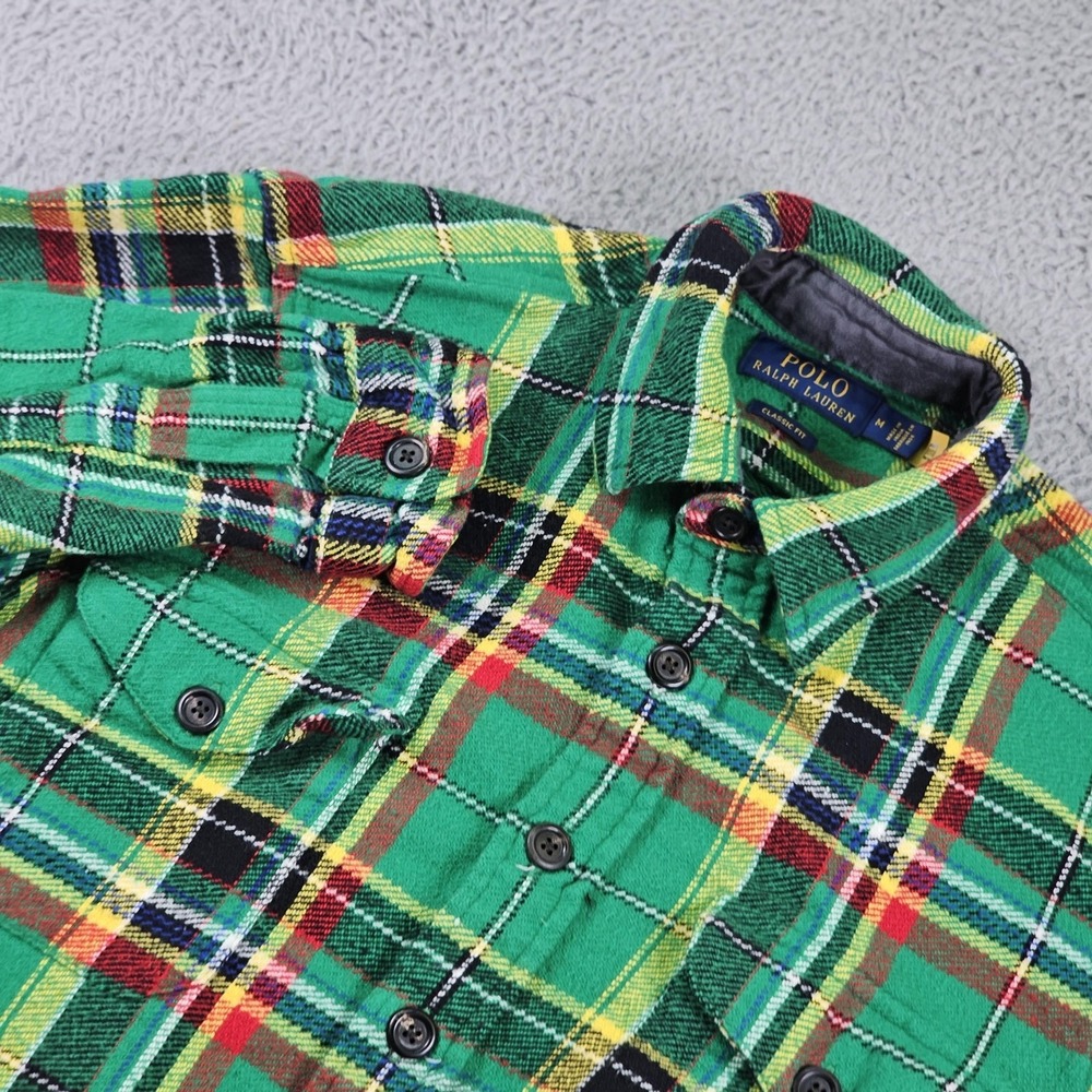 Polo Ralph Lauren Shirt Mens Medium Green Plaid Flannel Long Sleeve Shacket
